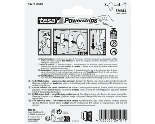 Rückseite der tesa Powerstrips Klebehaken Small Verpackung mit bebilderter Montageanleitung, Entfernungsanleitung und technischen Produktdaten.