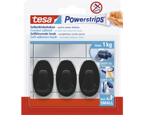 tesa Logo, Powerstrips Haken Small, oval, schwarz, 3 Stück, 4 Klebestreifen, Tragkraft maximal 1 Kilogramm, ohne Bohren, rückstandslos ablösbar.