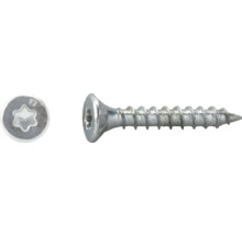 Vis pour aggloméré avec tête fraisée et empreinte Torx, vue latérale et vue de dessus.
