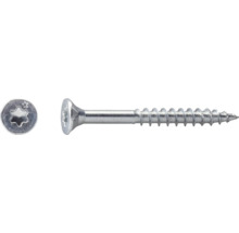 Vis à bois avec tête fraisée et empreinte torx, filetage partiel, acier zingué, vue de dessus de la tête et vue latérale.