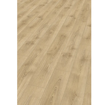 Laminatboden in Eichenoptik mit sichtbarer Holzmaserung und Ästen.