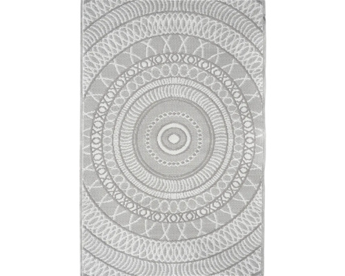 Flachgewebter Outdoorteppich mit kreisförmigem Mandala-Muster und geometrischen Ornamenten.