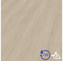 Sol stratifié décor chêne avec veinage réaliste, résistant à l'eau pendant 72 heures, surface résistante aux rayures.