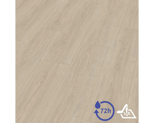 Sol stratifié décor chêne avec veinage réaliste, résistant à l'eau pendant 72 heures, surface résistante aux rayures.