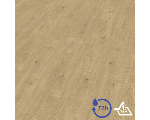 Sol stratifié aspect bois avec veinures et nœuds. Symboles pour une protection de 72 heures contre l'eau et une résistance aux chocs.