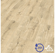 Revêtement de sol stratifié aspect chêne clair avec nœuds, résistant à l'eau jusqu'à 24 heures et résistant à l'usure.