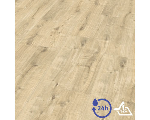 Revêtement de sol stratifié aspect chêne clair avec nœuds, résistant à l'eau jusqu'à 24 heures et résistant à l'usure.