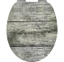 WC-Sitz aus MDF mit rustikalem Holz-Dekor und Metallscharnieren.