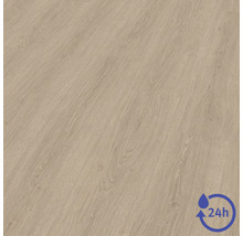 Sol stratifié aspect chêne avec veinage bois, résistant à l'eau jusqu'à 24 heures.