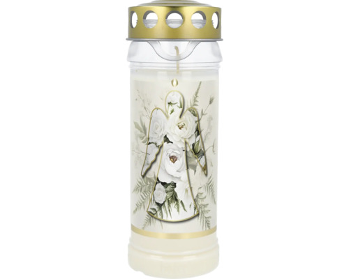 Bougie funéraire avec couvercle doré et motif d'ange avec roses blanches