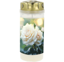 Bougie funéraire avec motif de roses blanches et couvercle en métal doré.