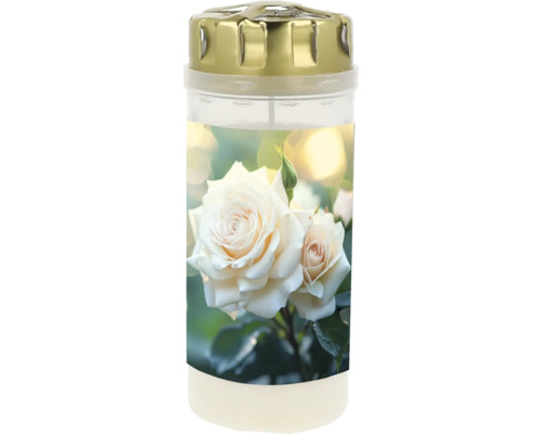 Bougie funéraire avec motif de roses blanches et couvercle en métal doré.