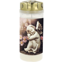 Bougie funéraire avec couvercle doré et motif d'un ange endormi parmi des fleurs.