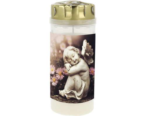 Bougie funéraire avec couvercle doré et motif d'un ange endormi parmi des fleurs.