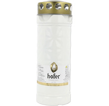 Bougie funéraire blanche Hofer Friedlicht avec couvercle métallique doré et logo Hofer.