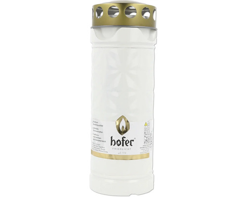 Bougie funéraire blanche Hofer Friedlicht avec couvercle métallique doré et logo Hofer.