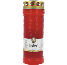 Bougie funéraire Hofer Friedlicht en plastique rouge avec structure en forme d'étoile et couvercle métallique doré.