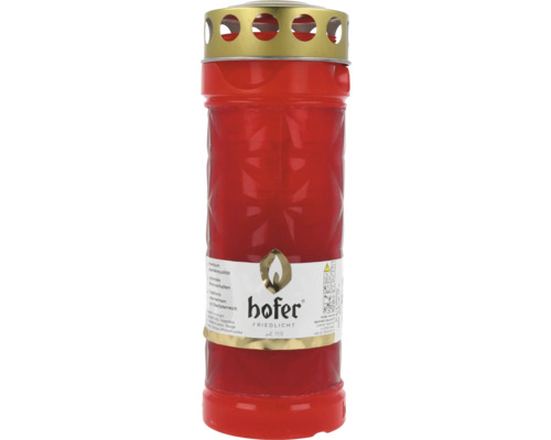 Bougie funéraire Hofer Friedlicht en plastique rouge avec structure en forme d'étoile et couvercle métallique doré.