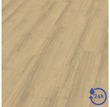 Sol stratifié avec un aspect chêne clair et un grain de bois, résistant à l'eau jusqu'à 24 heures.