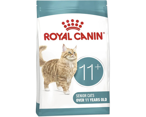 Royal Canin Logo, nourriture pour chats seniors de plus de 11 ans avec une illustration de chat.