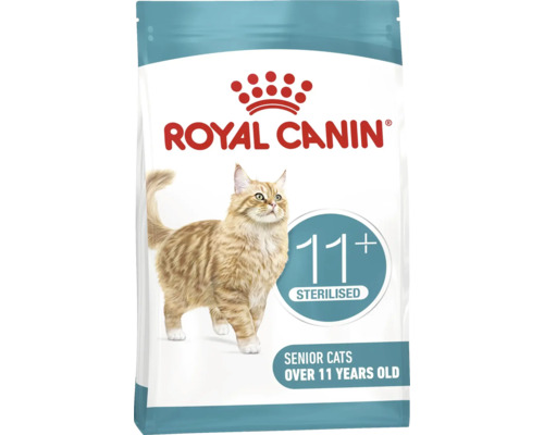 Nourriture pour chats Royal Canin pour chats seniors stérilisés de plus de 11 ans avec l'image d'un chat tigré.