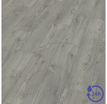 Laminatboden in grauer Eichenoptik mit Holzmaserung und 24 Stunden Wasserresistenz.