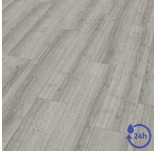 Laminatboden in grauer Holzoptik mit 24 Stunden Wasserschutz.