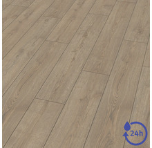 Revêtement de sol stratifié aspect bois avec une résistance à l'eau de 24 heures.