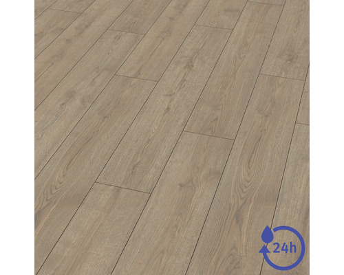 Revêtement de sol stratifié aspect bois avec une résistance à l'eau de 24 heures.