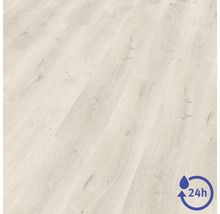 Sol stratifié résistant à l'eau avec aspect bois clair et protection contre l'humidité pendant 24 heures.