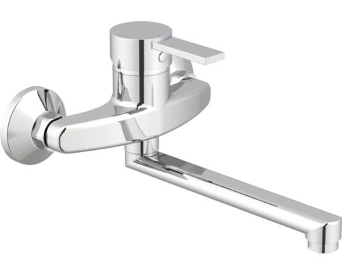 Wandarmatur für die Küche, verchromt, Einhebelmischer mit langem Schwenkauslauf.