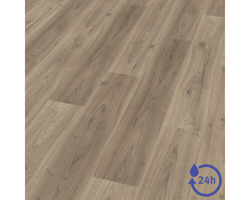Revêtement de sol stratifié aspect bois avec veinage naturel et nœuds ainsi qu un symbole pour une protection contre l eau de 24 heures