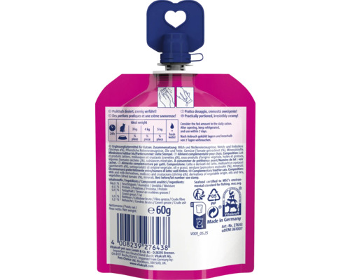 Dos d'un sachet de friandises pour chats Vitakraft de 60 grammes avec bouchon en forme de cœur, Vitakraft Logo et conseils de nutrition.