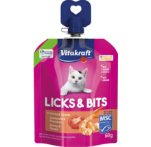 Friandise Vitakraft Licks & Bits chat crevette tomate, sachet 60 grammes, bouchon cœur, certifié MSC, sans céréales, sans sucre ajouté.