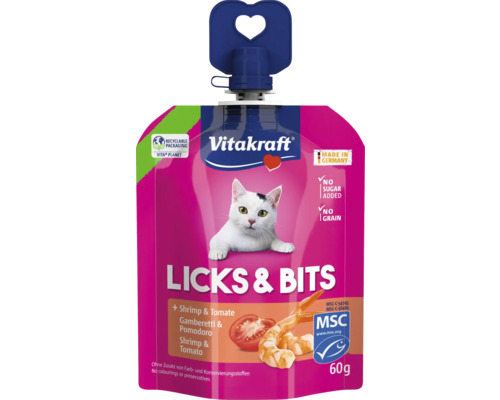 Friandise Vitakraft Licks & Bits chat crevette tomate, sachet 60 grammes, bouchon cœur, certifié MSC, sans céréales, sans sucre ajouté.