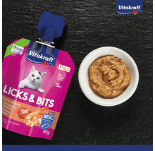 Snack pour chats Vitakraft Licks & Bits aux crevettes et à la tomate, sachet de 60 grammes et un bol contenant le snack crémeux.