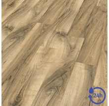 Revêtement de sol stratifié aspect chêne avec veinure naturelle et symbole de résistance à l'eau pendant 24 heures.