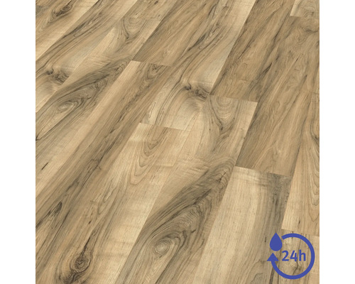 Revêtement de sol stratifié aspect chêne avec veinure naturelle et symbole de résistance à l'eau pendant 24 heures.