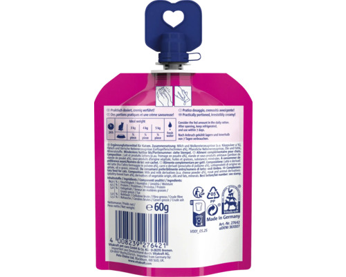 Vue arrière du sachet de snack Vitakraft 60 grammes pour chats avec bouchon bleu en forme de cœur, conseils alimentaires et ingrédients.
