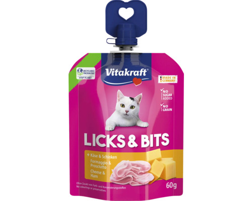 Friandise pour chat Vitakraft Licks & Bits au fromage et au jambon, sachet de 60 grammes avec bouchon en forme de cœur.