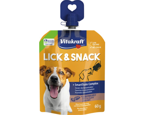 Vitakraft Lick et Snack pâté de foie pour chiens, sachet de 60 grammes, bouchon en coeur, recyclable, hypocalorique et sans céréales.