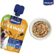 Friandise pour chien Vitakraft Lick et Snack au saumon, sachet de 60 grammes avec récompense crémeuse dans un bol, sans céréales, certifié MSC.