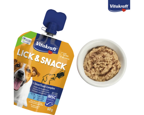 Friandise pour chien Vitakraft Lick et Snack au saumon, sachet de 60 grammes avec récompense crémeuse dans un bol, sans céréales, certifié MSC.