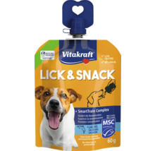 Friandise Vitakraft Lick et Snack au saumon, sachet de 60 grammes, sans céréales, hypocalorique, certifié MSC, emballage recyclable.