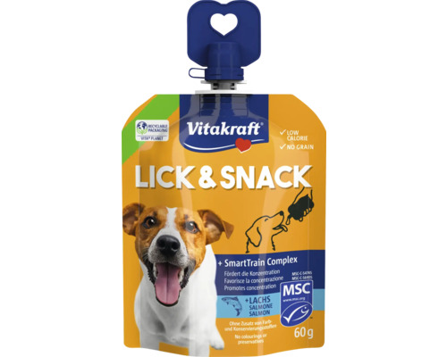 Friandise Vitakraft Lick et Snack au saumon, sachet de 60 grammes, sans céréales, hypocalorique, certifié MSC, emballage recyclable.
