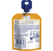 Sachet jaune de friandises pour chiens Vitakraft avec bouchon bleu, verso avec conseils nutritionnels, ingrédients, Vitakraft Logo, 60 grammes.