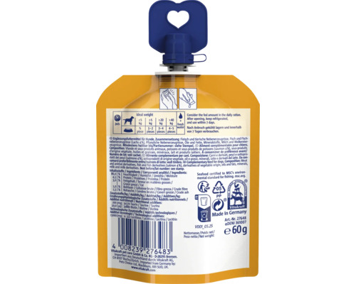 Sachet jaune de friandises pour chiens Vitakraft avec bouchon bleu, verso avec conseils nutritionnels, ingrédients, Vitakraft Logo, 60 grammes.