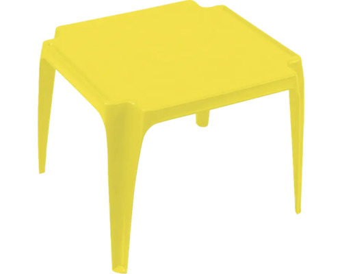 Quadratischer Kindertisch aus Kunststoff in Gelb.