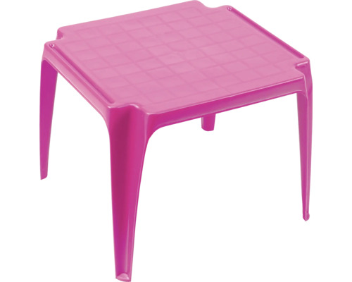 Quadratischer Kindertisch aus Kunststoff in Pink mit strukturierter Tischplatte.