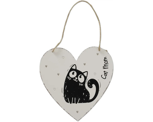 Herzförmiges Schild aus Holz mit Juteschnur, schwarzer Katze und dem Text Cat Mom.